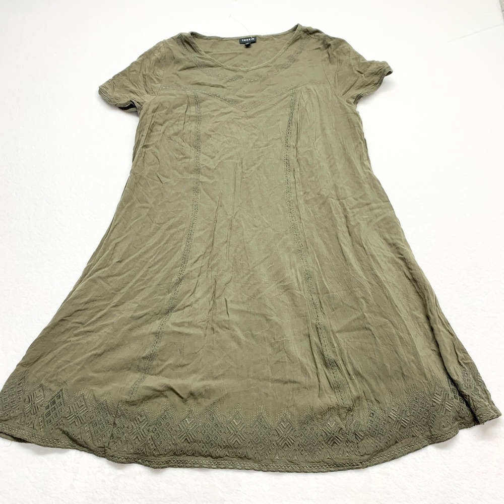 Torrid Boho Embroidered Swing Dress Womens Size 00 M L Olive Green Lace Cotton